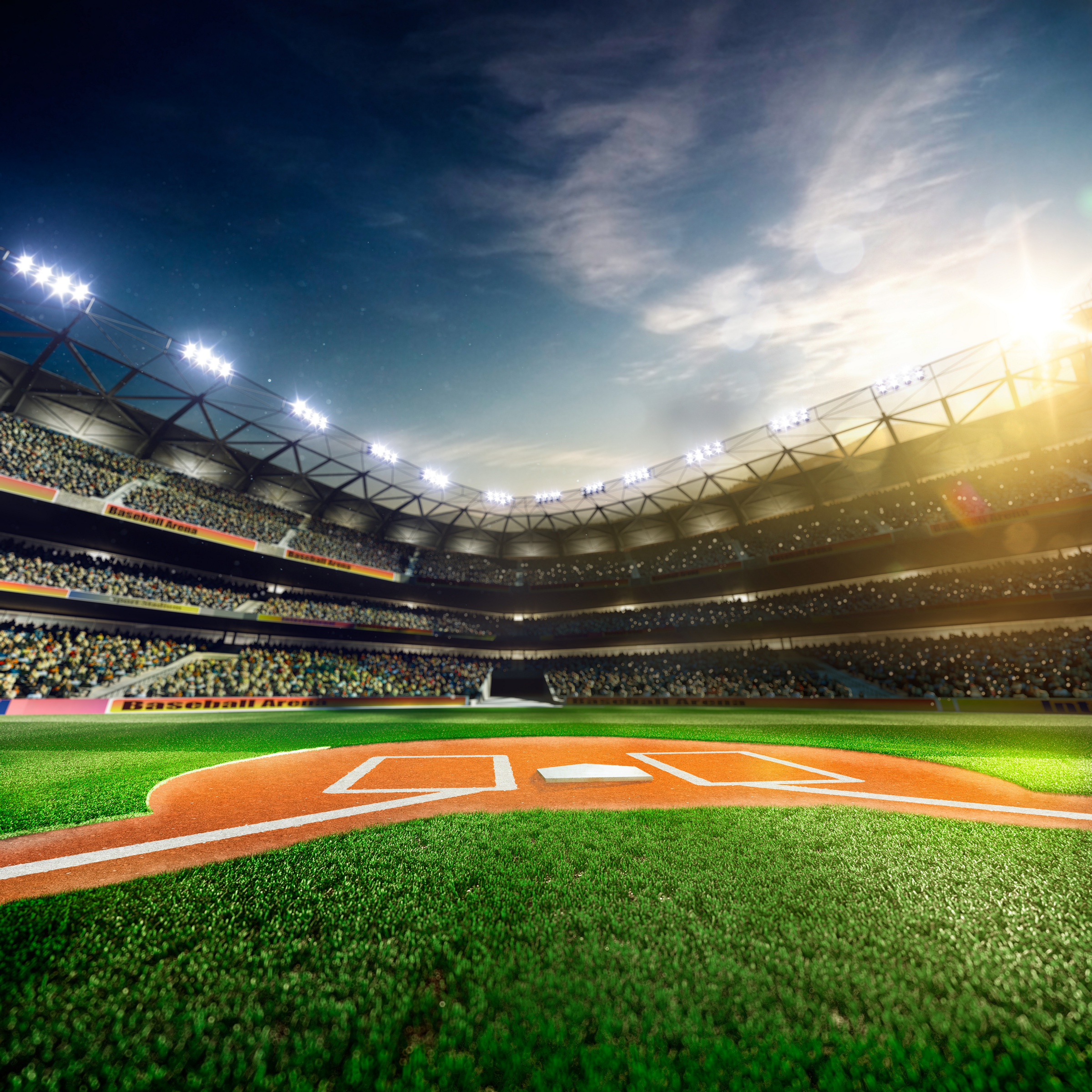 Professional baseball grand arena in sunlight